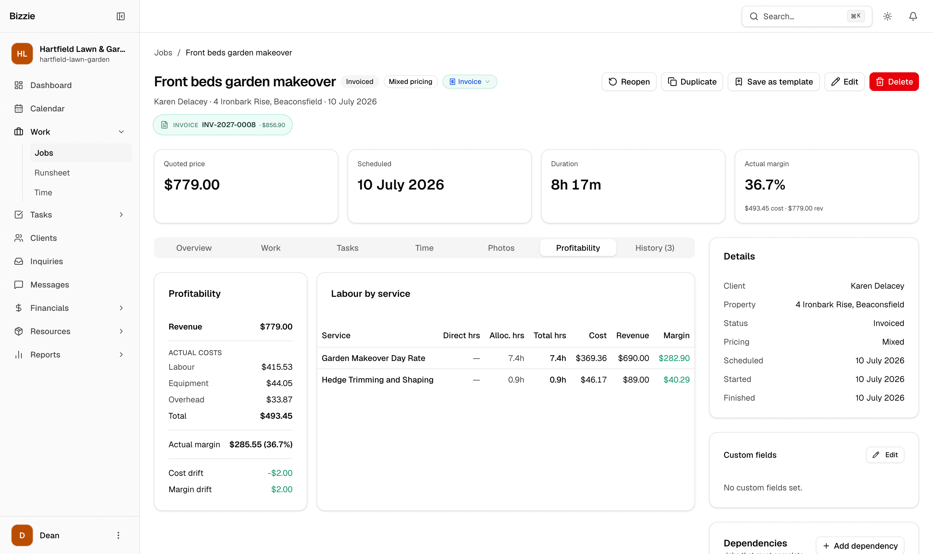 A completed job in Bizzie showing the quoted price, actual cost, and a 38% actual margin on its profitability panel