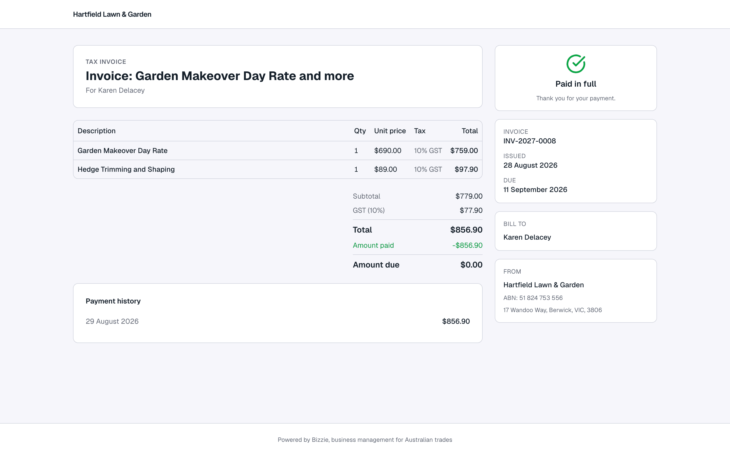 A Bizzie Tax Invoice totals block: subtotal, GST at 10%, total, and amount paid in full