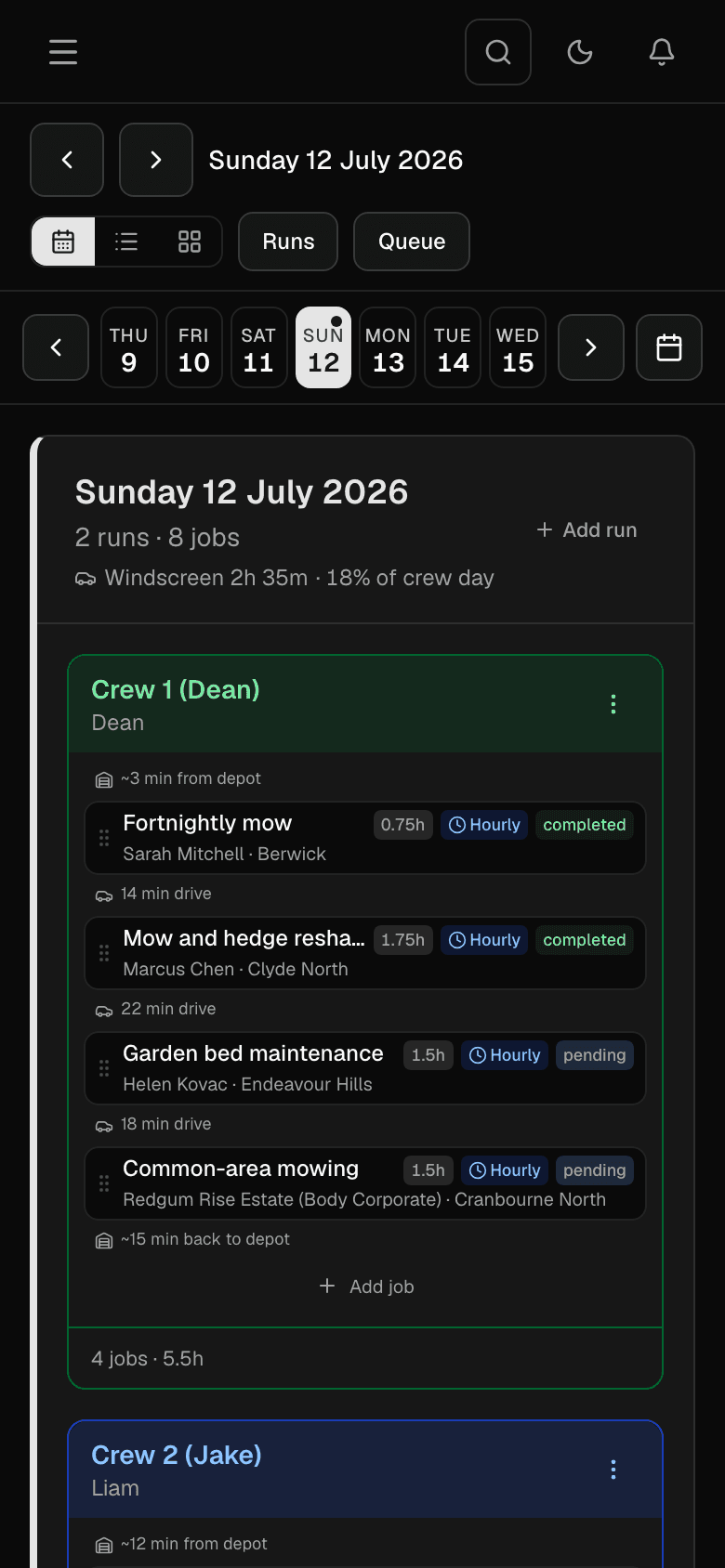 The Bizzie mobile runsheet a crew member sees: today's stops in order with drive times, on a phone