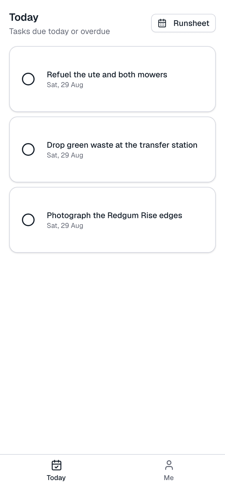 A worker's Today view on the Bizzie mobile app: today's tasks with due dates, no financial figures visible