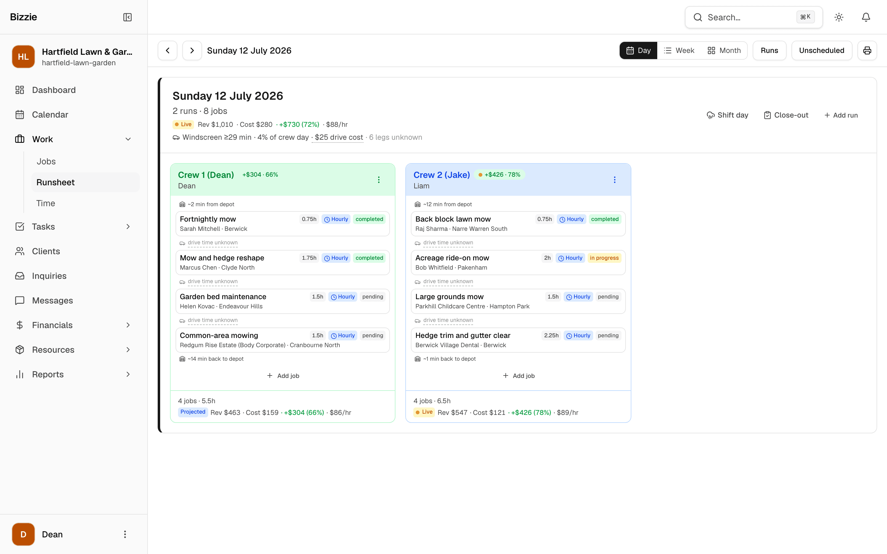 A full day's runsheet in Bizzie: two crews, eight stops with drive times, and the day's projected revenue, cost, and margin