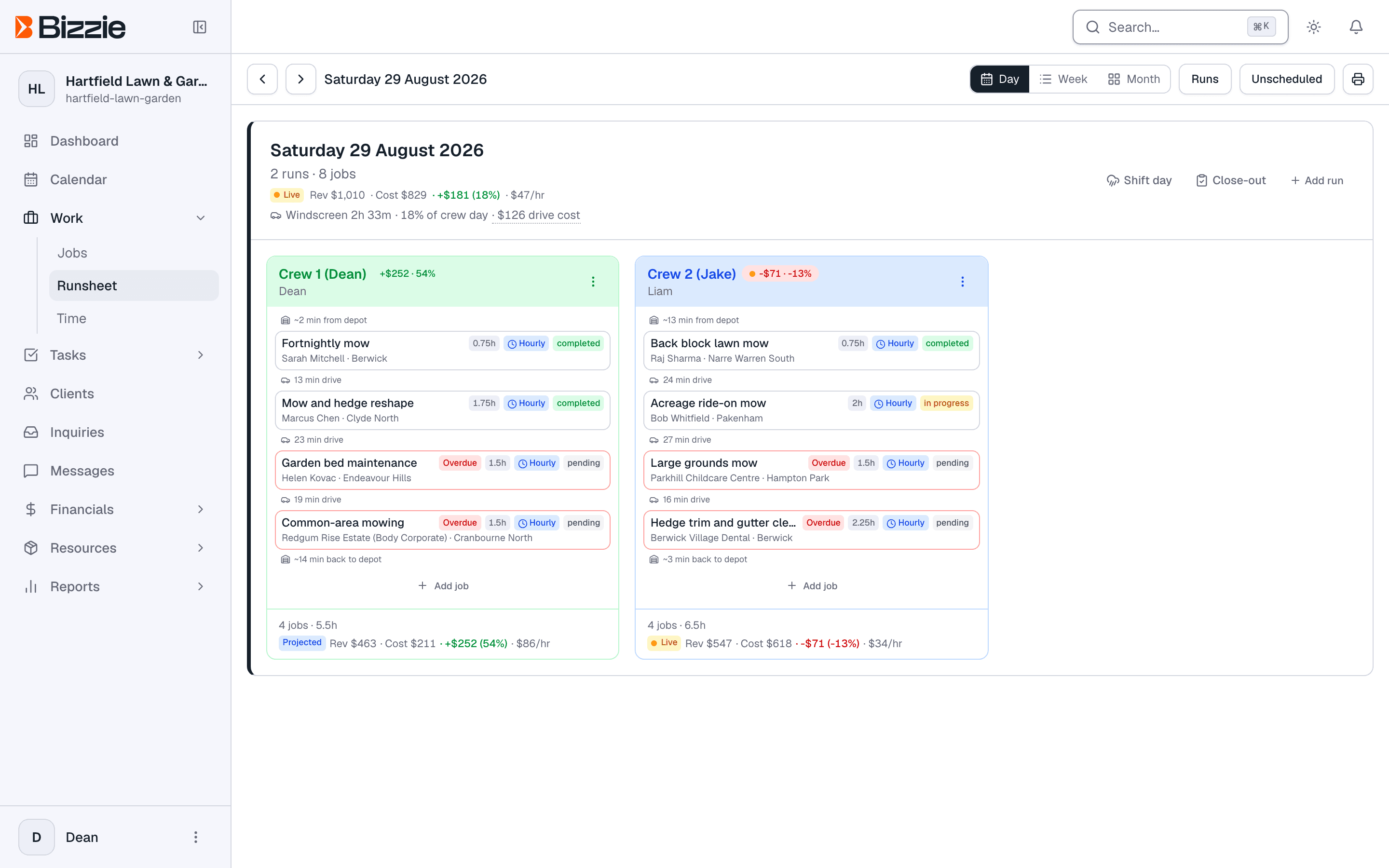 A full day's runsheet in Bizzie: two crews, eight stops with drive times, and the day's projected revenue, cost, and margin