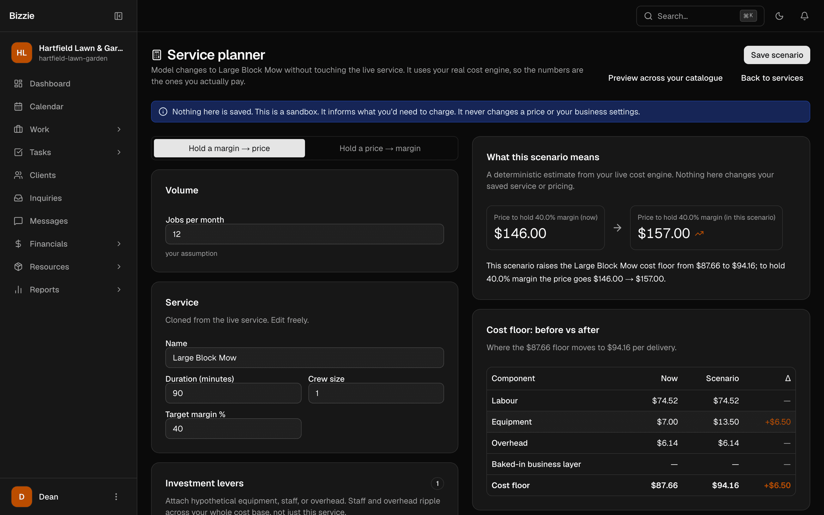 Bizzie service planner comparing the cost floor and required price before and after adding a new zero-turn mower