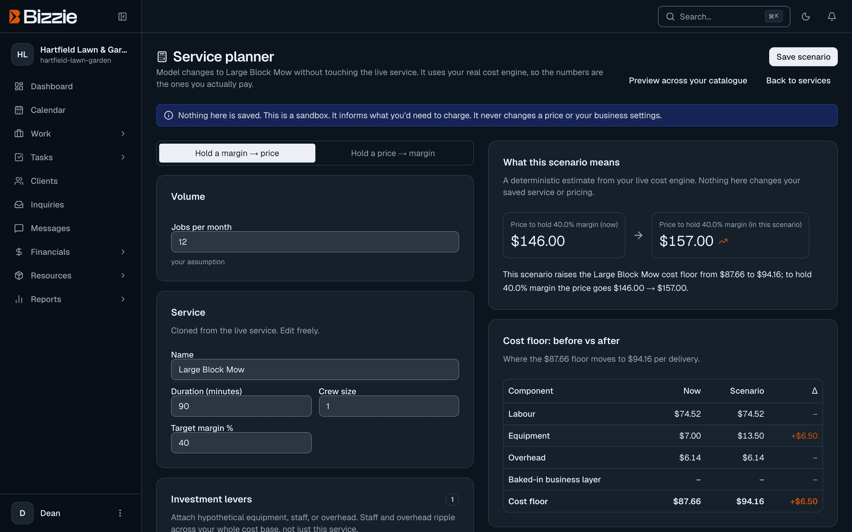 Bizzie service planner comparing the cost floor and required price before and after adding a new zero-turn mower